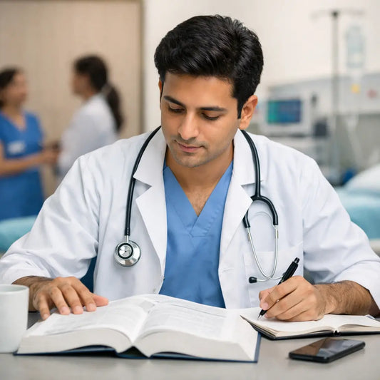 Doctor studying clinical medicine textbook in hospital – best books for house officers in Pakistan for medical students and MBBS graduates